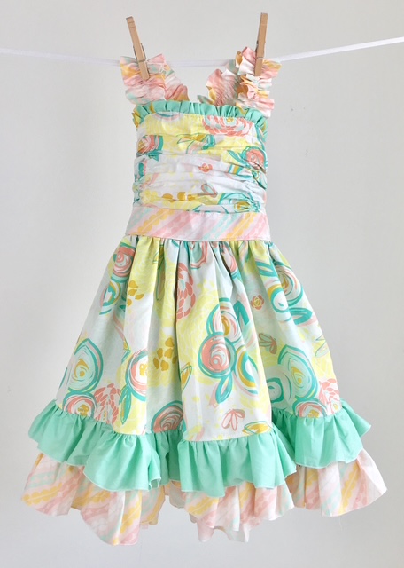 Yellow and mint floral cotton heirloom dress with tiered ruffles in soft quilting cotton Yellow and mint floral cotton heirloom dress with tiered ruffles in soft quilting cotton