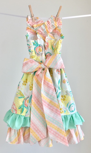 Pastel watercolor floral quilting cotton twirl dress with sash bow and mint ruffle hem Pastel watercolor floral quilting cotton twirl dress with sash bow and mint ruffle hem