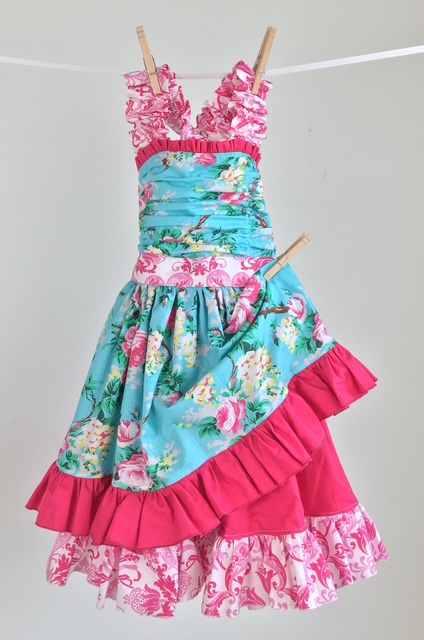 Aqua and hot pink floral quilting cotton twirl dress with layered ruffles for boutique sewing Aqua and hot pink floral quilting cotton twirl dress with layered ruffles for boutique sewing