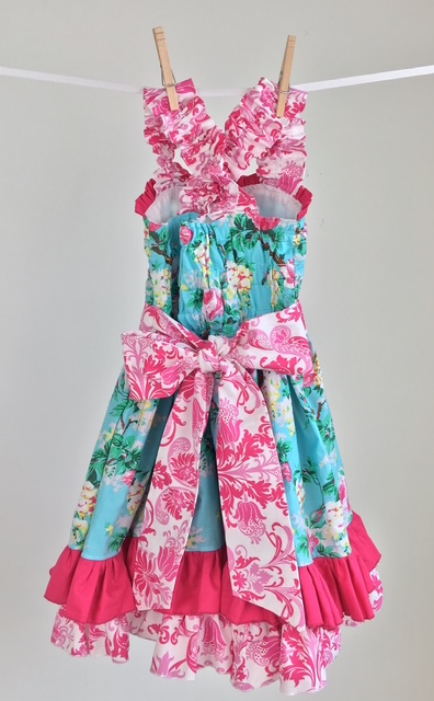 Pink and aqua floral damask 100% quilting cotton twirl dress with double ruffle skirt Pink and aqua floral damask 100% quilting cotton twirl dress with double ruffle skirt