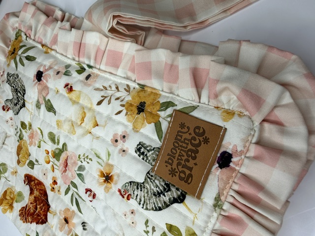 Handmade quilted floral Bible cover with pink gingham ruffle and bloom with grace leather tag โ Bible covers, journal covers, handmade unique gifts